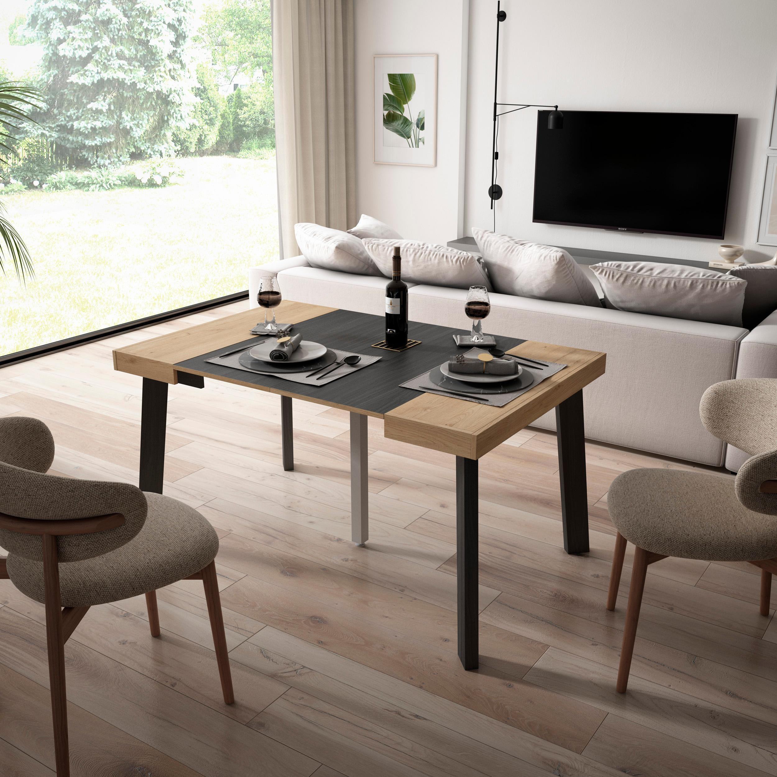 KONSOLENTISCH ausziehbar 58 bis 140cm, für 6 Gäste, eiche, schwarz, 90/58/73cm - Eichefarben/Schwarz, Holzwerkstoff (90/140/73cm) - Skraut Home