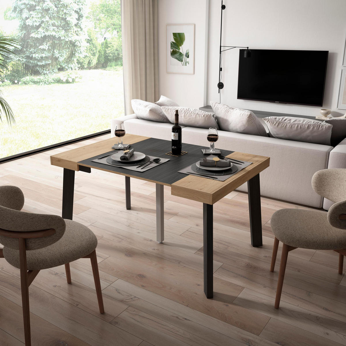 KONSOLENTISCH ausziehbar 58 bis 140cm, für 6 Gäste, eiche, schwarz, 90/58/73cm - Eichefarben/Schwarz, Holzwerkstoff (90/140/73cm) - Skraut Home