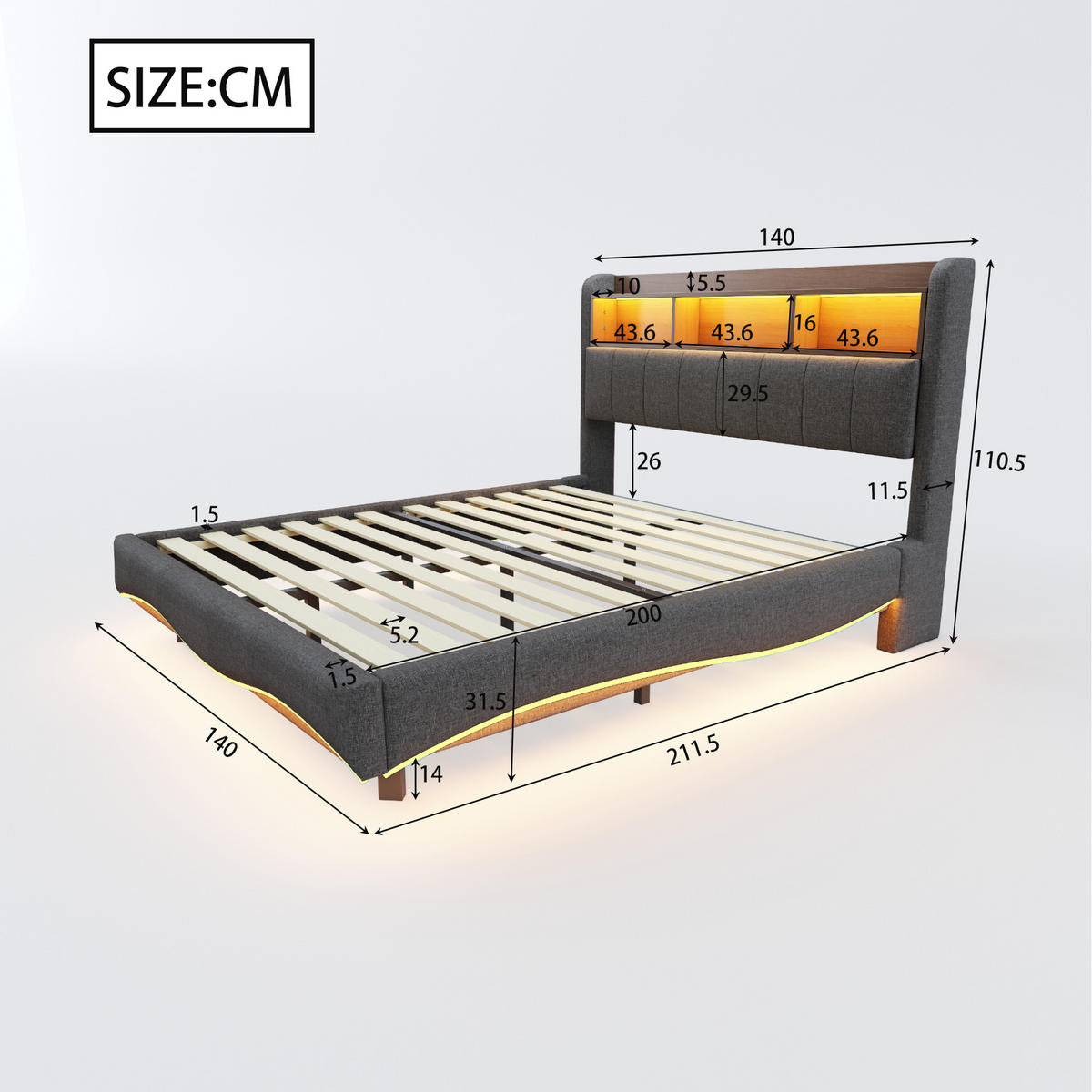 POLSTERBETT 140/200 cm grau mit Stauraum, LED-Beleuchtung und USB- sowie Type-C-Anschlüssen - Grau, Textil (140/200cm) - OKWISH