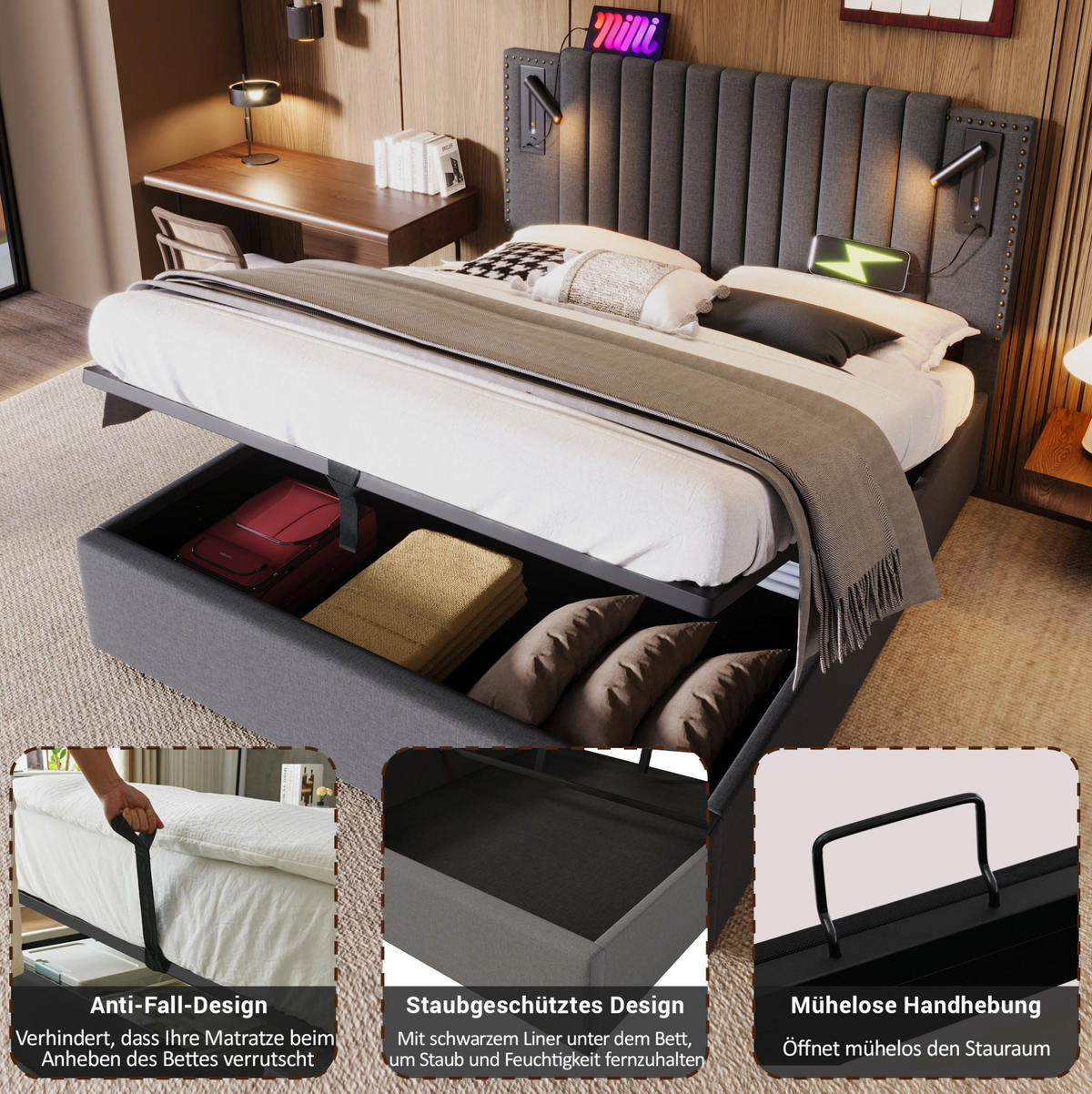 POLSTERBETT 140/200 cm aus Baumwolle mit Bettkasten, Matratze, Leselicht, USB- und USB-C-Anschlüssen, höhenverstellbarem Kopfteil, Grau - Grau, Textil (140/200cm) - Redom