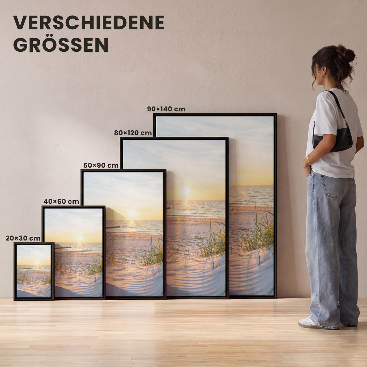 LEINWAND Bilder mit Rahmen - Strand - Sonne - Düne - Gras - Sand - Horizont - 40x60 - Hellblau, Textil (40/60cm) - MuchoWow