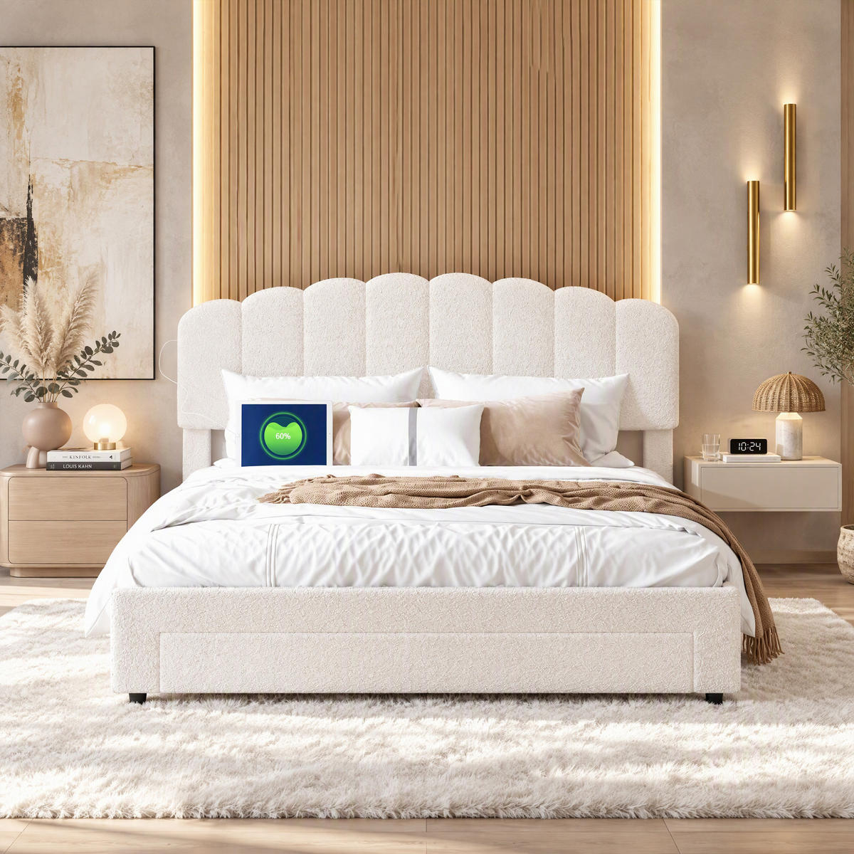 POLSTERBETT 160x200 cm mit Stauraum, Doppelbett mit Schubladen, USB und Typ-C, Lattenrost, verstellbares Kopfteil, Teddy-Fleece Beige - Beige, Holz/Metall (160/200cm) - GENKI LIVING