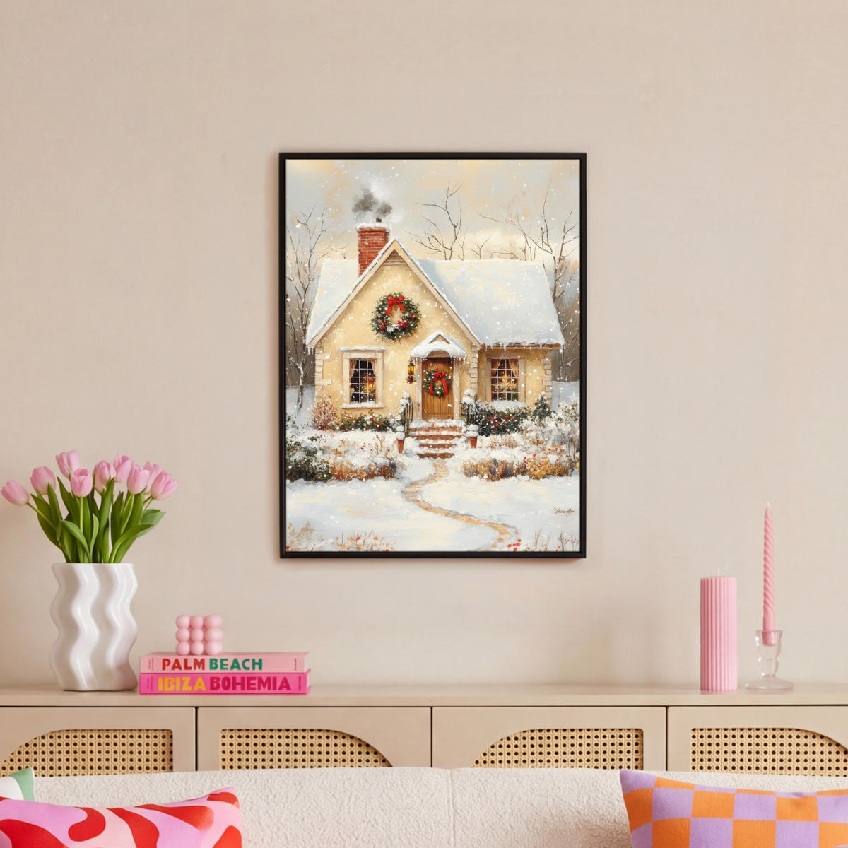 LEINWAND Bilder mit Rahmen - Weihnachten - Zuhause - Winter - Schnee - 50x70 - Creme, Textil (50/70cm) - MuchoWow