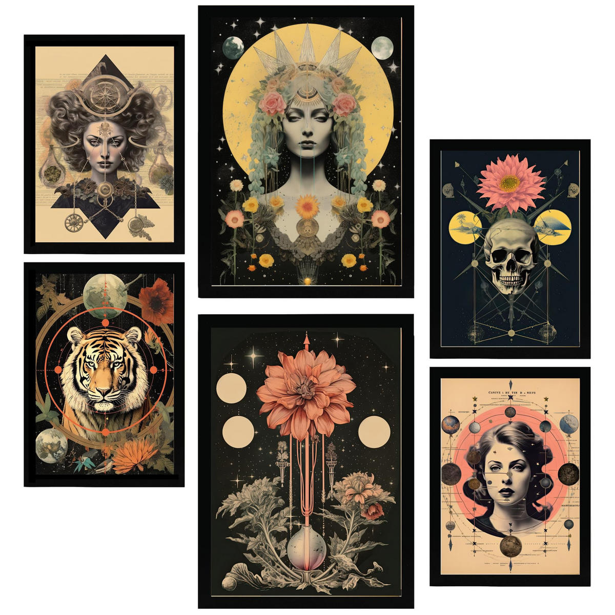 POSTER Set Mit 6 Mystischen Esoterischen A3 & A4 Schwarzer Rahmen - Schwarz, Papier (29/3cm) - Nacnic