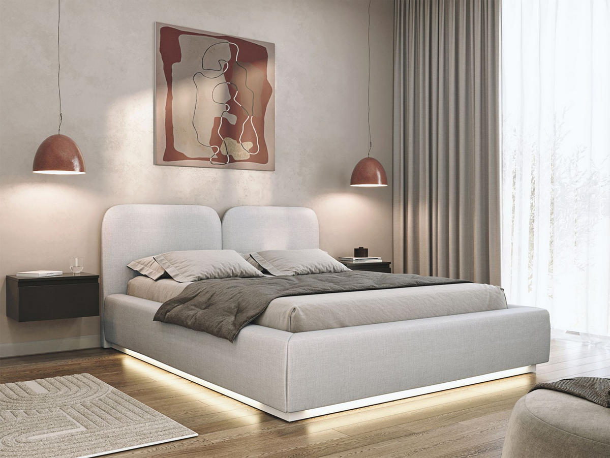 POLSTERBETT Comoves 160x200 Hellgrau mit Chenillebezug und LED - Hellgrau, Textil (160/200cm) - Selsey