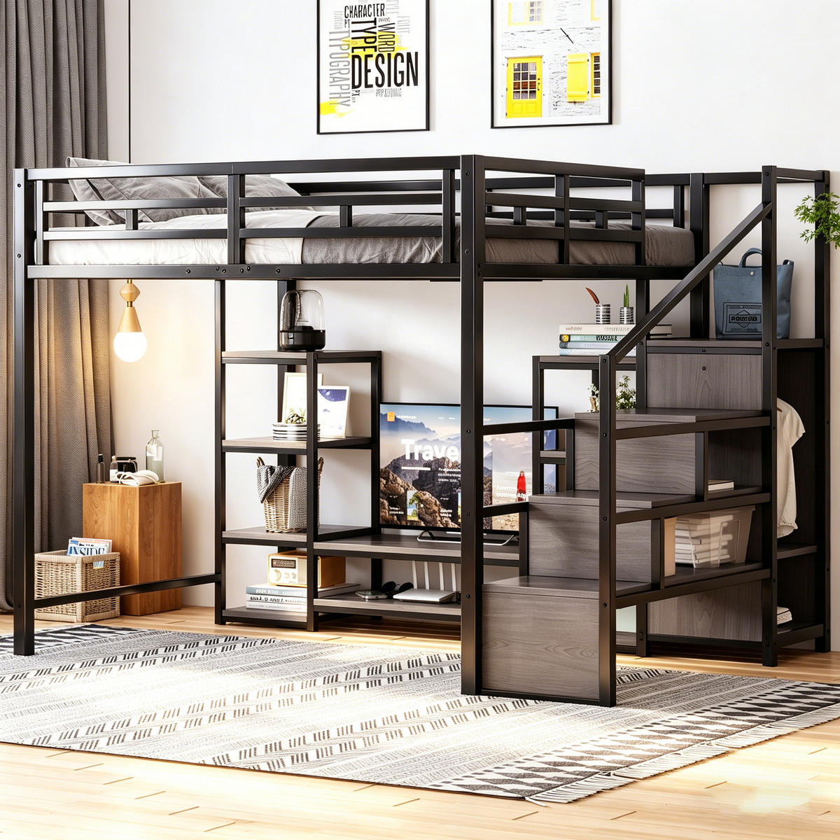 HOCHBETT mit TV-Ständer, Steckdose und Leiter, schwarz, 140/200 cm - Schwarz, Metall (140/200cm) - MIVRAY