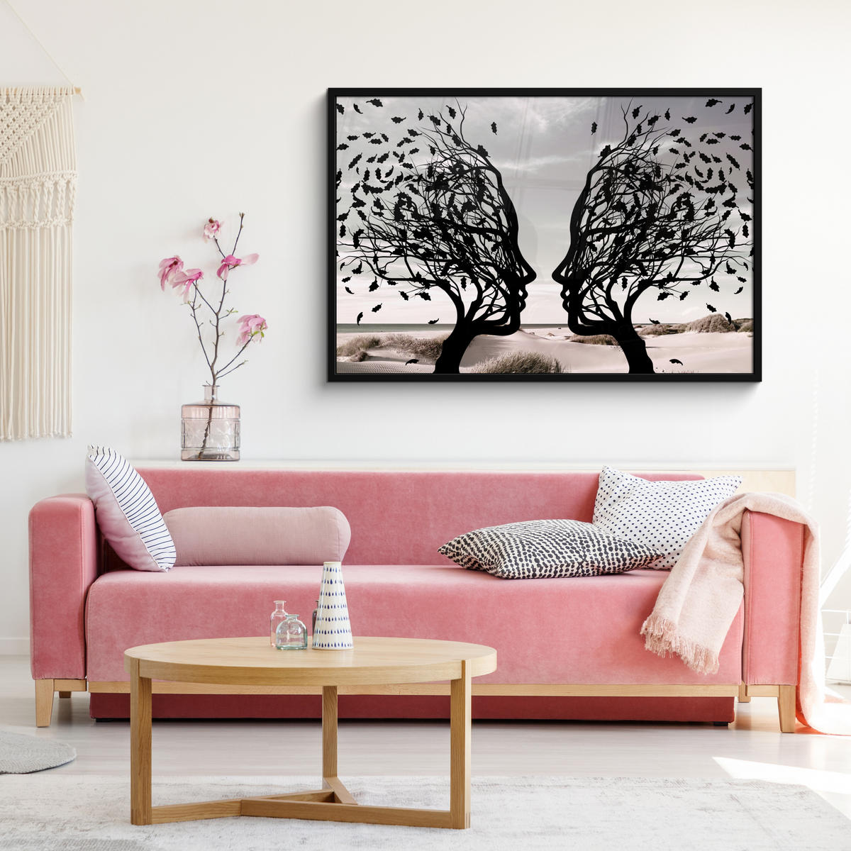 POSTER MIT RAHMENGERAHMTES BILD Strand - Meer - Menschen - Baum - Moderne Kunst 120x80 cm - Hellgrau, Papier (120/80cm) - MuchoWow