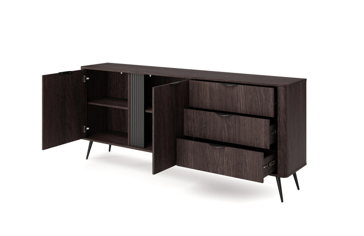 SIDEBOARD Terzo 2D 3S Eiche Dunin mit Rillendekor - Schwarz Metallfüße - Eichefarben/Schwarz, Holz/Holzwerkstoff (195/81/38cm) - Ravio