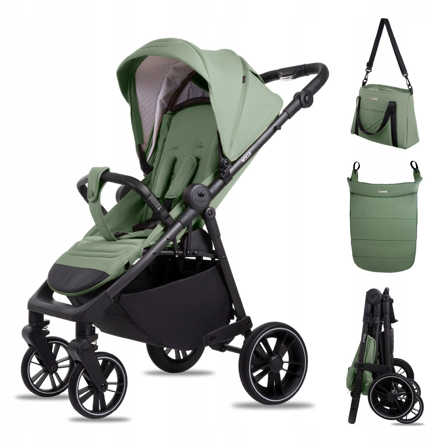 BUGGY Rolle, Klein und Leicht, Teleskopische Führung, Kompakt Faltbar, Wickeltasche, Reisetasche - Jadegrün/Schwarz, Textil/Metall (58/99cm) - BabyLux