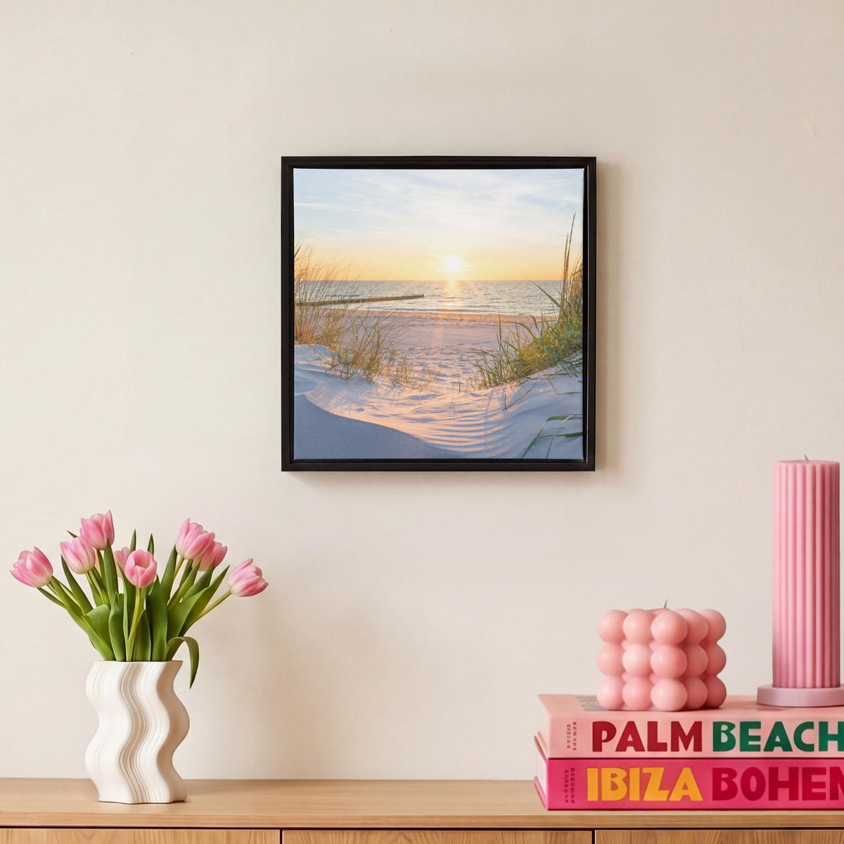 LEINWAND Bilder mit Rahmen - Strand - Sonne - Düne - Gras - Sand - Horizont - 20x20 - Hellblau, Textil (20/20cm) - MuchoWow