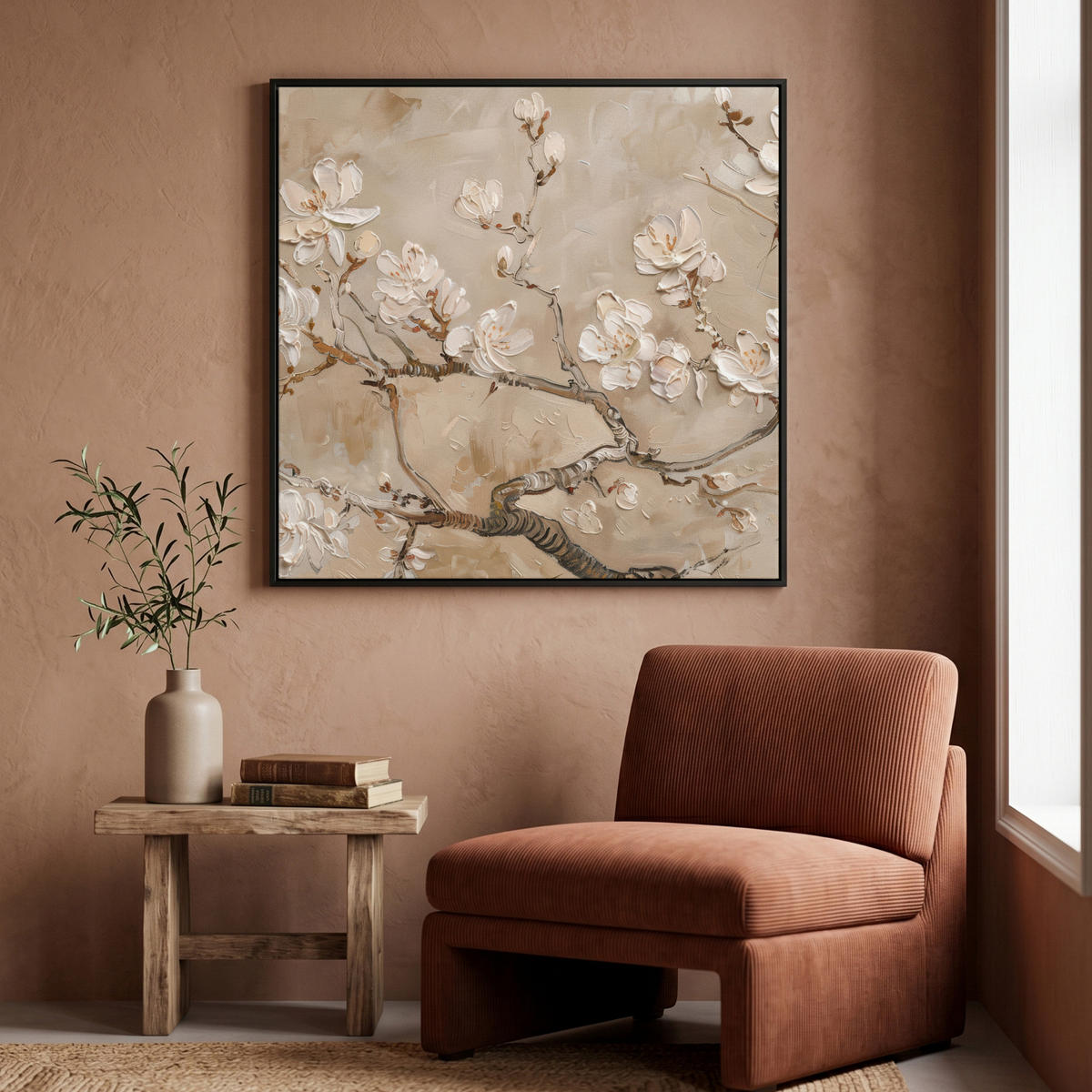 LEINWAND Bilder mit Rahmen - Blumen - Modern - Beige - Weiß - Blüte - 90x90 - Beige, Textil (90/90cm) - MuchoWow