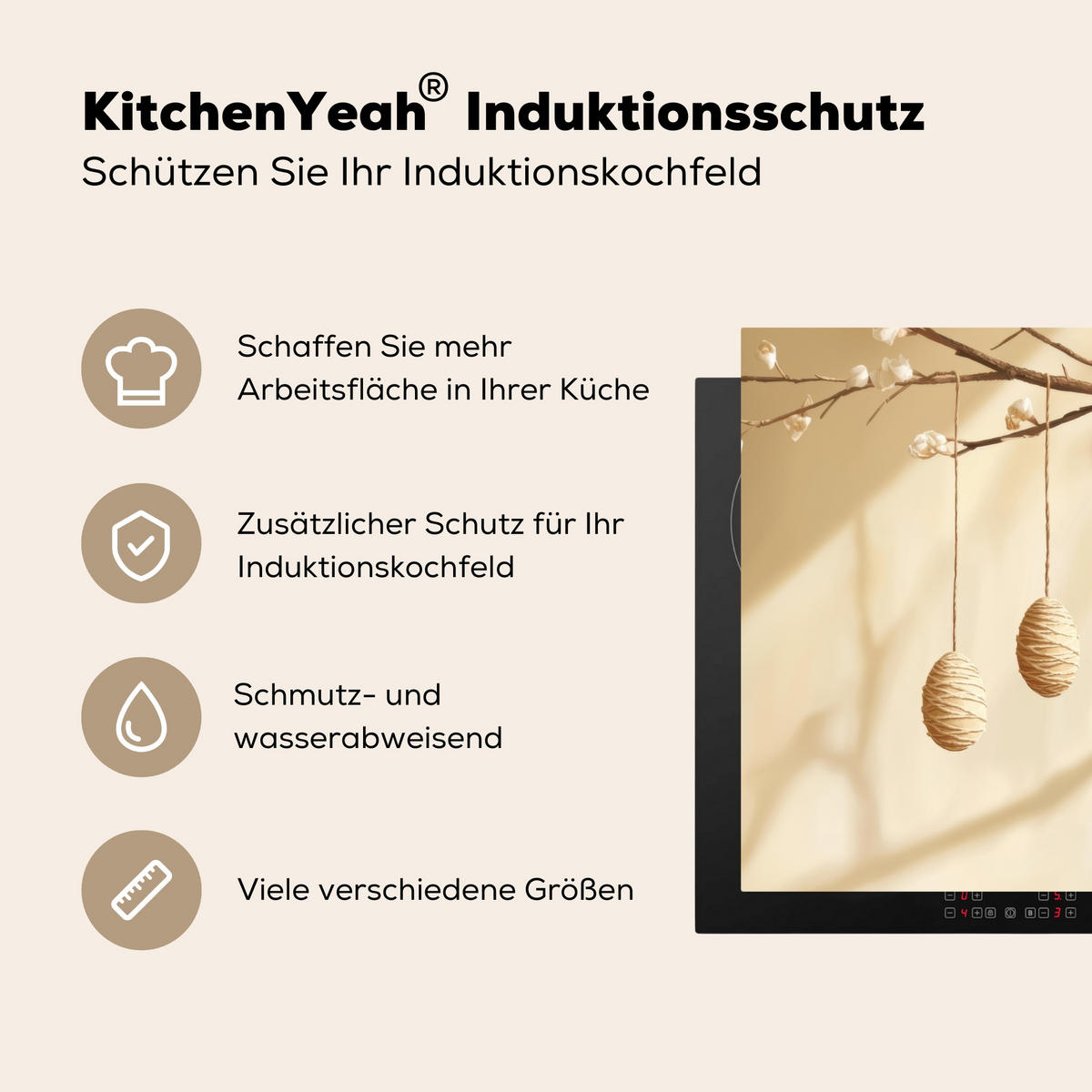 HERDABDECKPLATTE Beige - Osterkuchen - Eier Abdeckung Ceranfeld 59x51 cm - Beige, Kunststoff (59/51/0.2cm) - MuchoWow