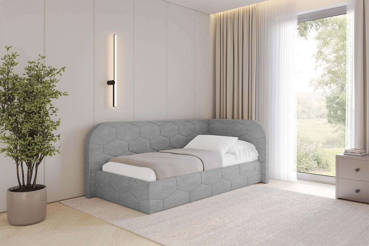 EINZELLBETT Jugendbett mit Bettkasten und Matratze H3/H4, Links - JAXY 90x200 Grau - Hellgrau, Holzwerkstoff/Textil (90/200cm) - ALTDECOR