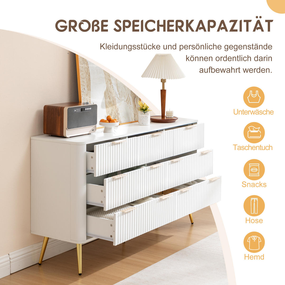 KOMMODE DE-38182 7 Schubladen mit Soft-Close und Metallgriffen Weiß - Weiß, Holzwerkstoff (145/80/40cm) - ComfortXL