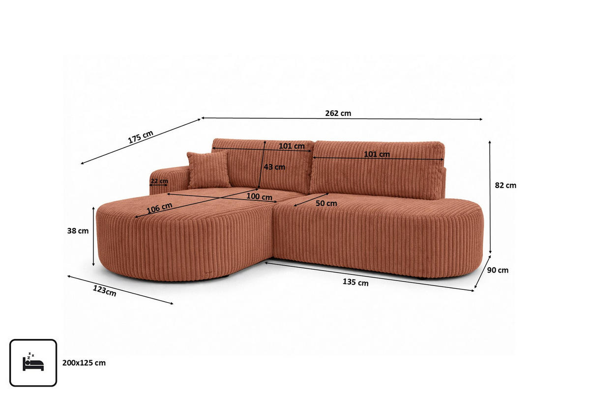 ECKSOFA Mit Schlaffunktion Und Bettkasten, Cordstoff Tilia, Kupfer, Links, ROUND ONE OPEN XL - Orange, Holz (262/175cm) - Kaiser Möbel