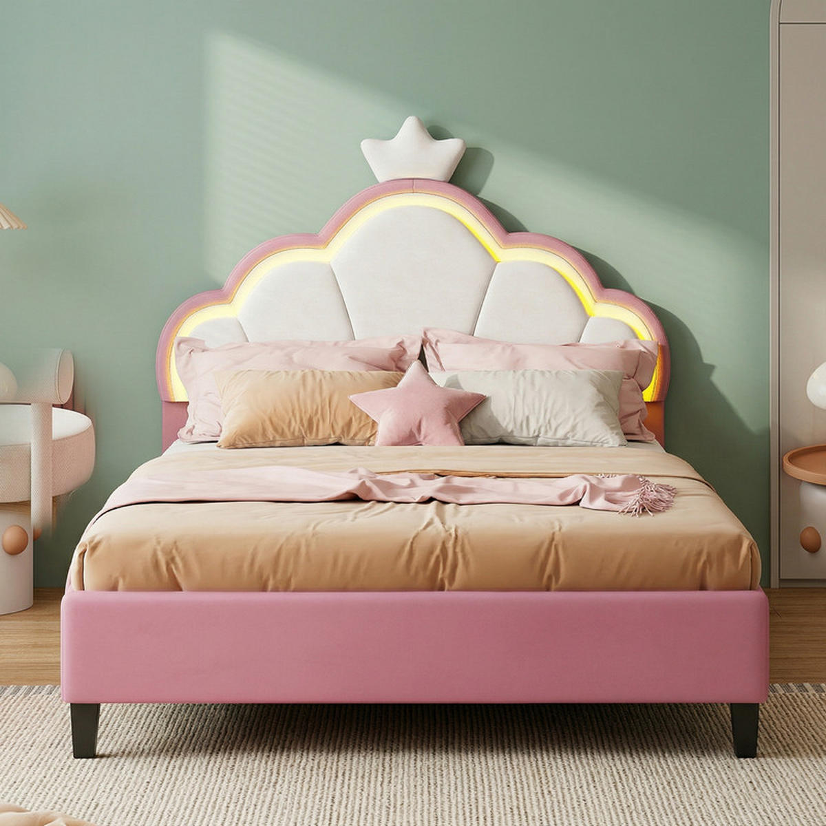 KINDERBETT 90/200 cm rosa mit Kronenkopfteil und LED - Rosa, Holz - SHOPENTRA