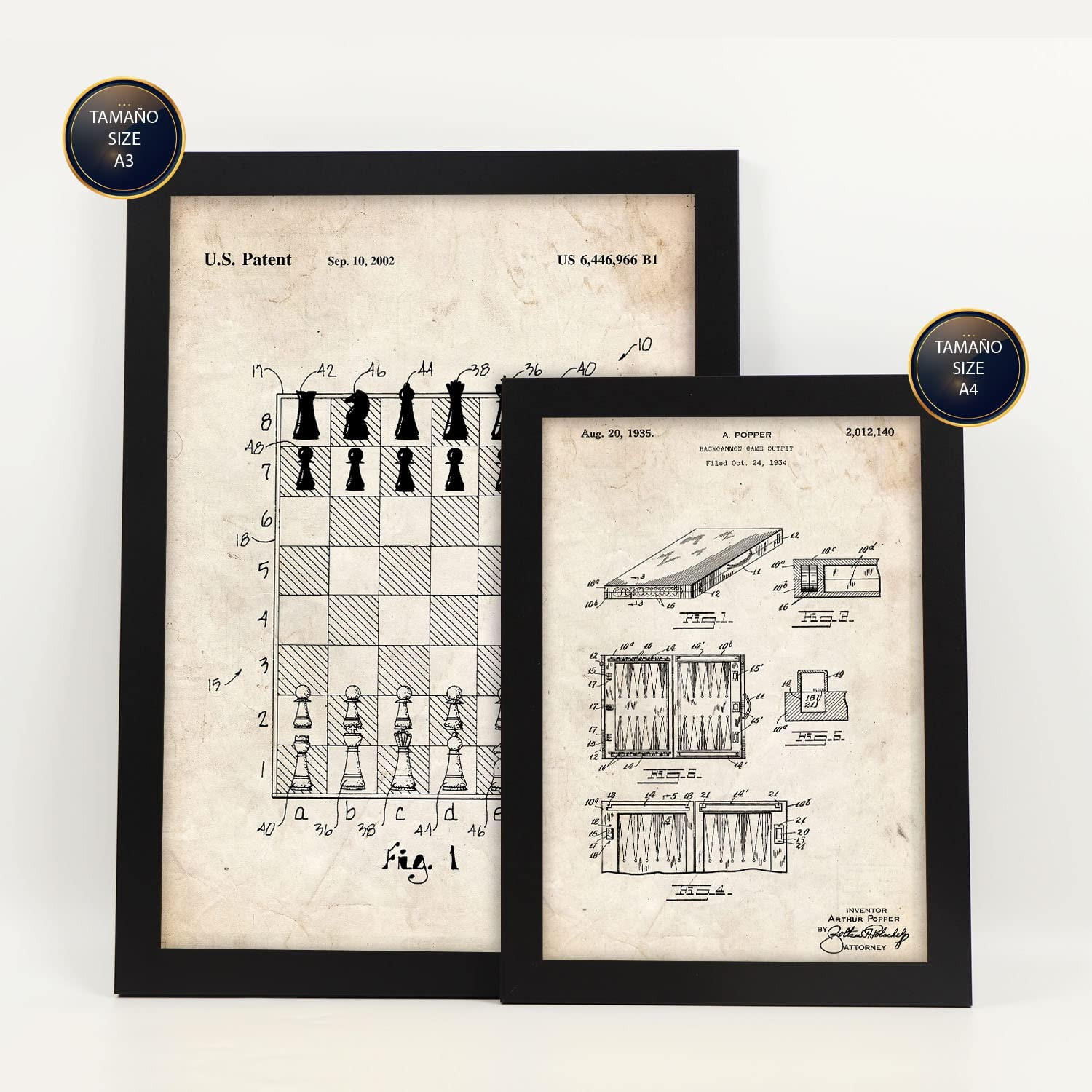 POSTER Set Mit 6 Plakaten Mit Brettspiel Patenten Im Vintage Stil A3 & A4 Schwarzer Rahmen - Schwarz, Papier (29/3cm) - Nacnic