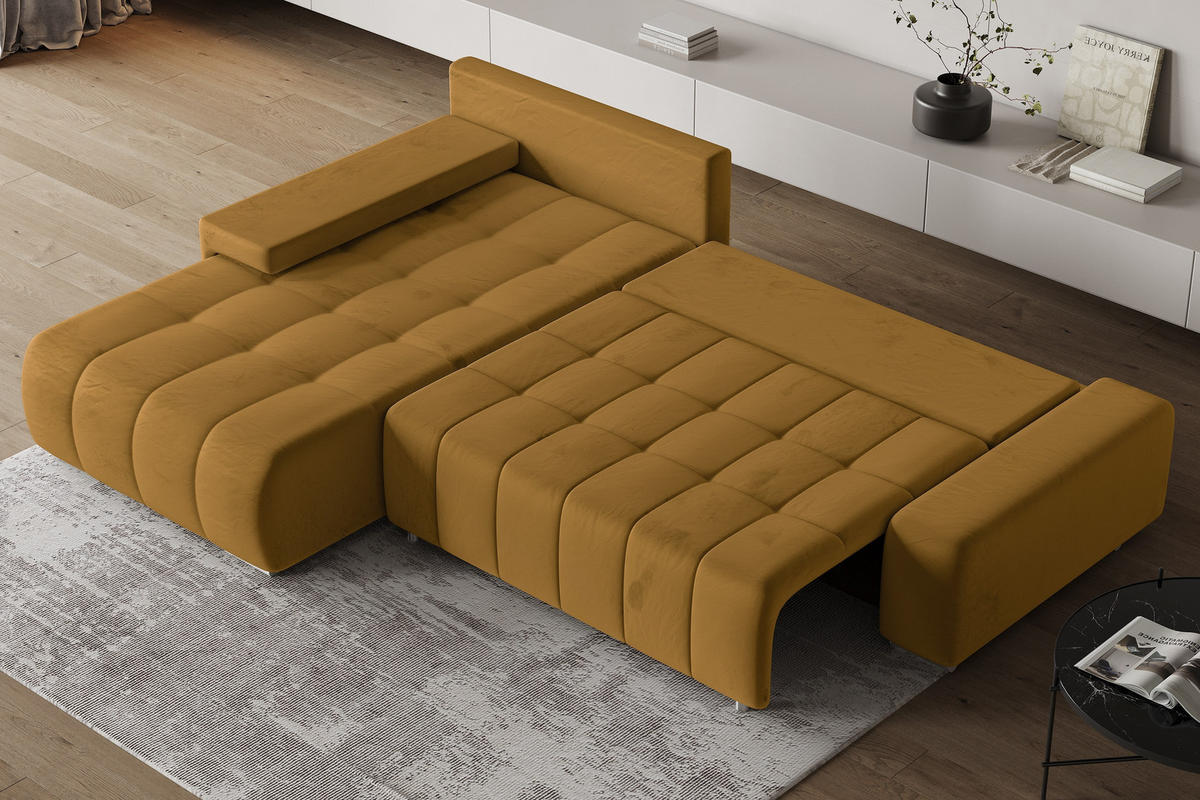 ECKSOFA ALESE L-S Gelb Velours-Stoff mit Schlaffunktion - Gelb, Holz (265/185cm) - MASSENO