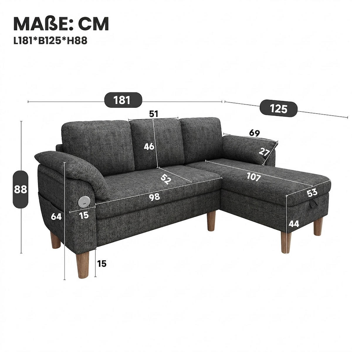 ECKSOFA 181/125/88 cm Dunkelgrau mit Stauraum-Chaiselongue und USB/Type-C-Ladeanschluss - Dunkelgrau, Textil (181/125cm) - Oxeza
