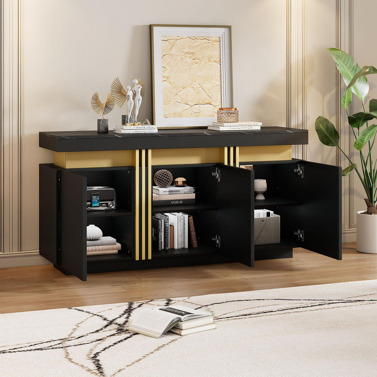 SIDEBOARD 140/38/70 cm in Schwarz mit 3 Türen und Marmoroptik - Schwarz, Holzwerkstoff (140/70/38cm) - BEAOK