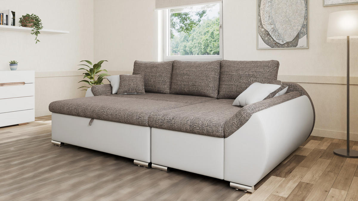 ECKSCHLAFSOFA ALEX – Braun + Weiß (Lawa 02 + Soft 17) + Hocker - Rechts - Braun, Holzwerkstoff/Metall (275/155cm) - Möblo