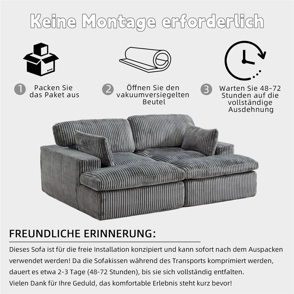 SCHLAFSOFA 2-in-1 Cord Schlafcouch mit Bettfunktion, Grau - Grau, Textil (214/89/145cm) - Kaket