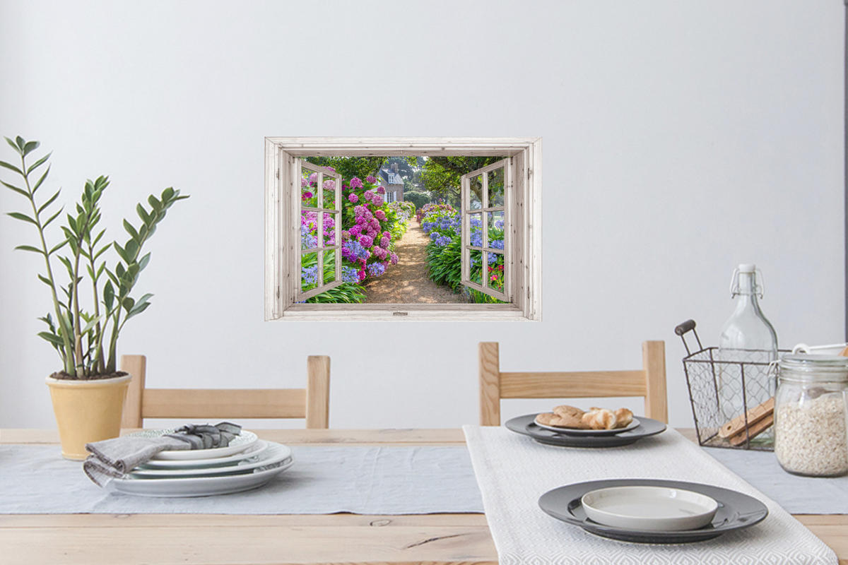 WANDTATTOO Hortensie - Fensterblick - Blumen - Sommer - Lila - Weg 60x40 cm - Lila, Kunststoff (60/40/0.1cm) - MuchoWow
