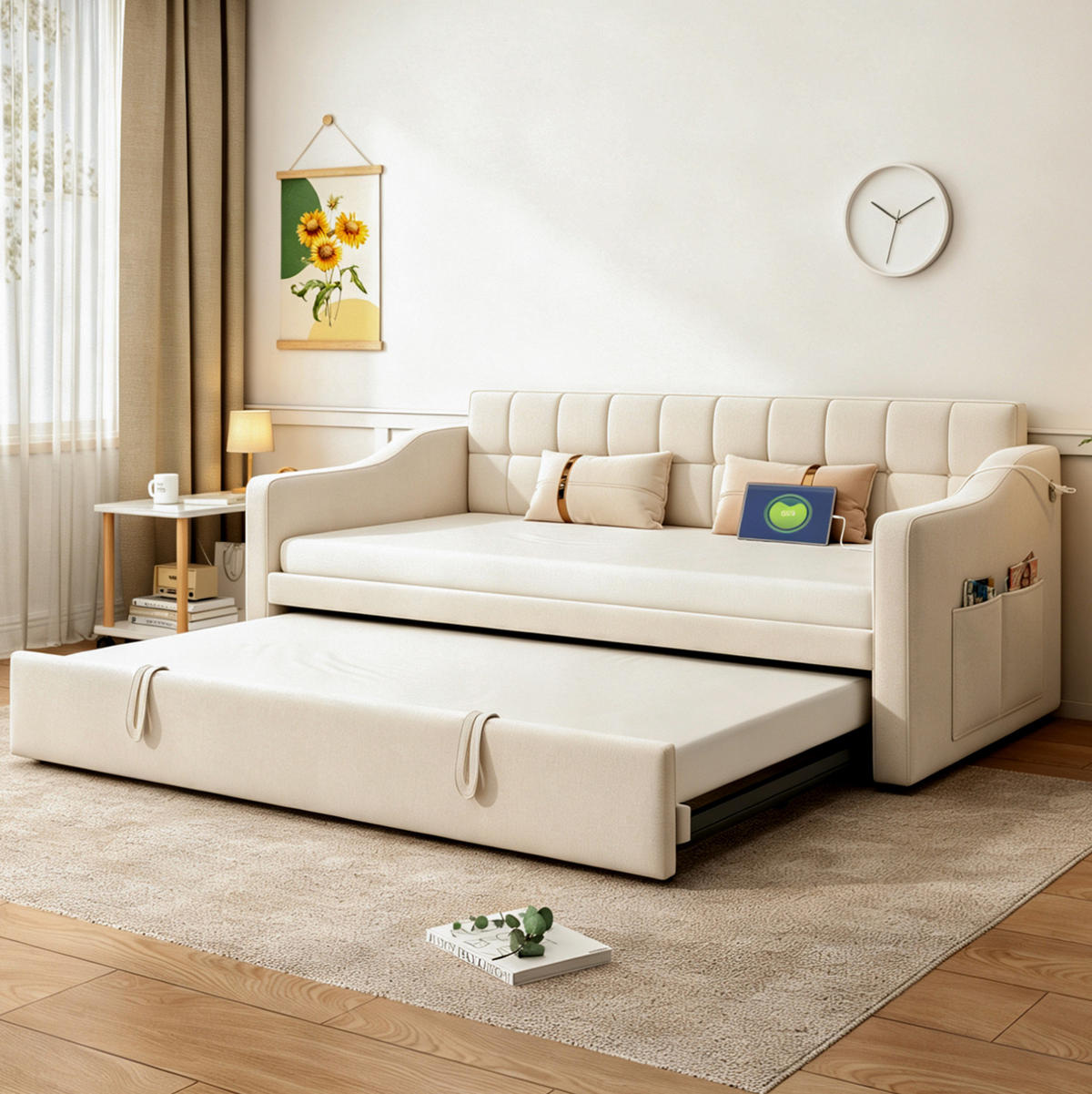 POLSTERBETT Schlafsofa aus Samt 90x190 cm Beige ausziehbar mit USB-Anschlüssen - Beige, Textil (90/190cm) - Modfu