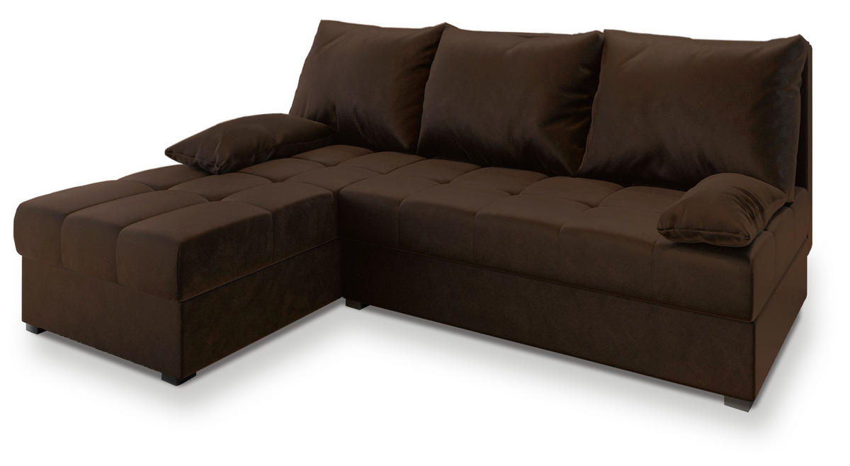 ECKSOFA RITA Braun Plüsch-Stoff mit Schlaffunktion - Braun, Holz (200/141cm) - MASSENO