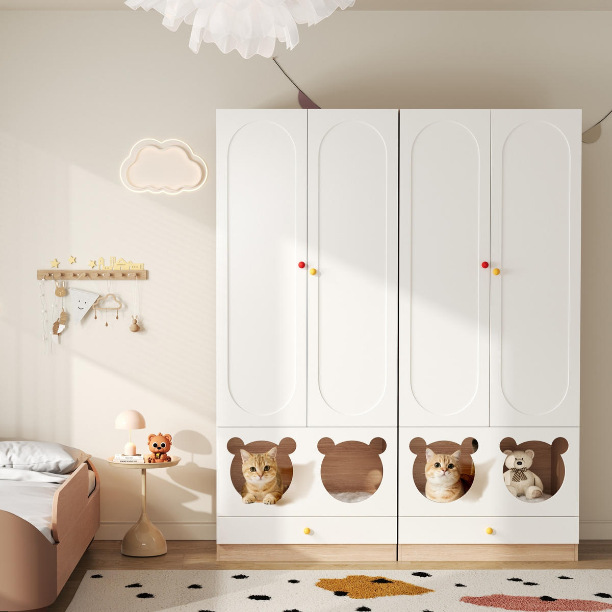 KINDERREGAL in Weiß Kinderkleiderschrank 2-teilig mit Bügelstange und Katzenbett für Schlafzimmer, B160/T50/H200cm - Weiß, Keramik/Holzwerkstoff (160/200/50cm) - STILVORA