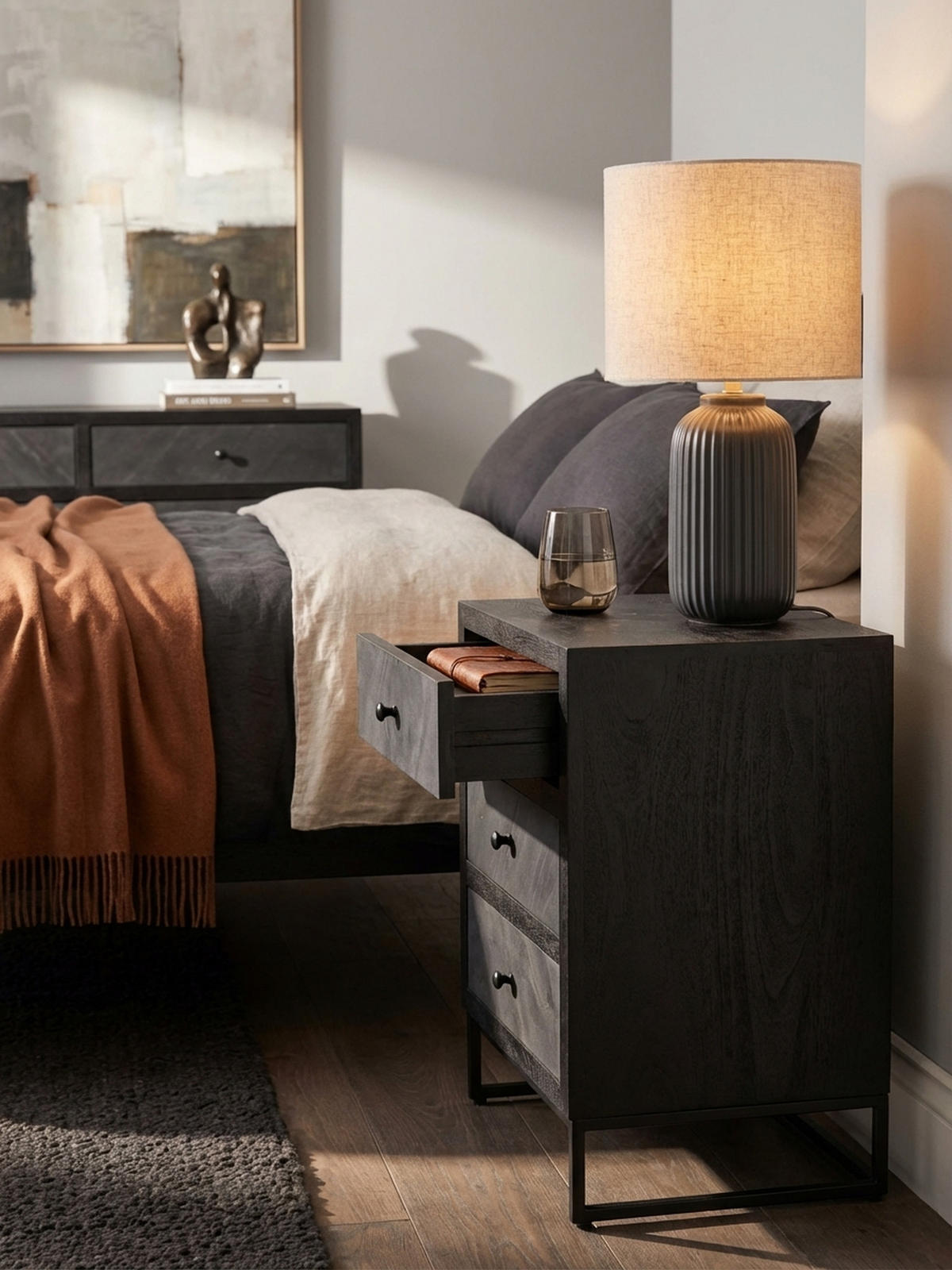 NACHTTISCH Massivholz Steinoptik 3 Schubladen Metallgestell, Schwarz 40x30x60 cm - Schwarz, Holz/Metall (40/60/30cm) - KADIMA DESIGN