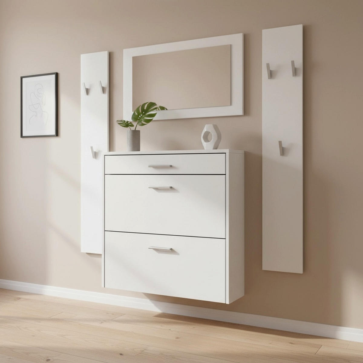 GARDEROBEN-SET Roma Air 4-teilig, Moderne Flurgarderoben Set mit Schuschrank, 2 Wandpaneele und Wandspiegel, Weiß matt - Weiß, Holzwerkstoff (190/200/23cm) - InnoFurn