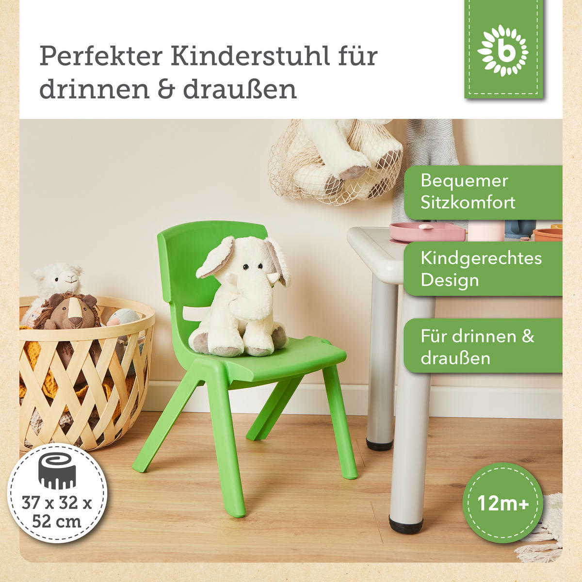 KINDERSTUHL bis 80 kg belastbar - Grün, Kunststoff (34/51.5/36cm) - Bieco Spielwaren