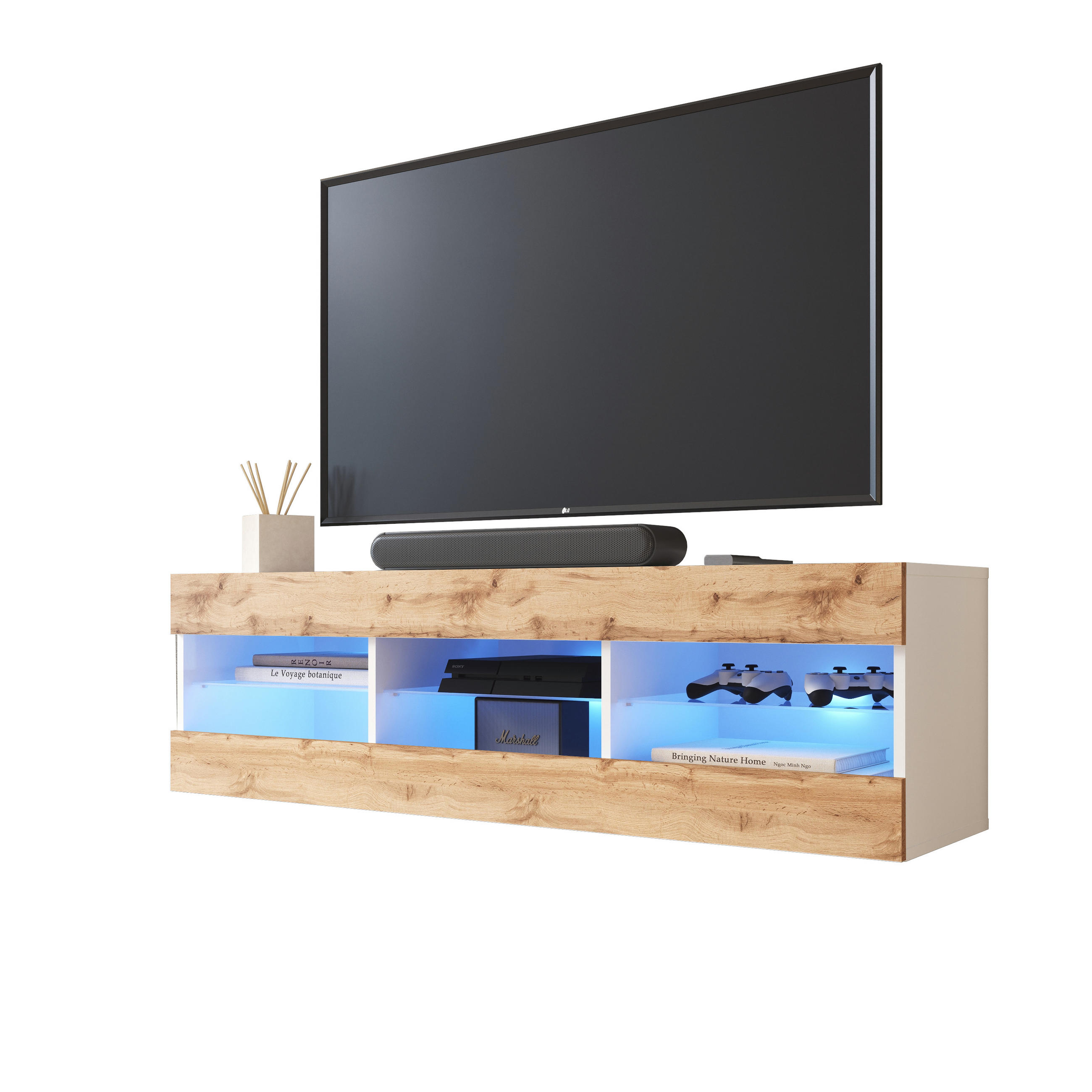 LOWBOARD TIVOLI RTV 140, Wotan, LED Blau - Eiche Wotan/Weiß, Glas/Holzwerkstoff (140/40.5/35.5cm) - Komodee
