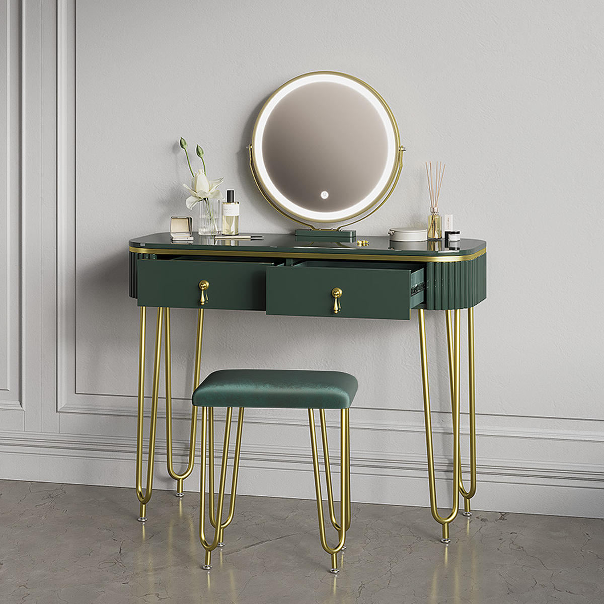 SCHMINKTISCH Isonca Dunkelgrün Hochglanz mit LED Beleuchtung und Hocker - Dunkelgrün, Holzwerkstoff (100/126/40cm) - Livinity®