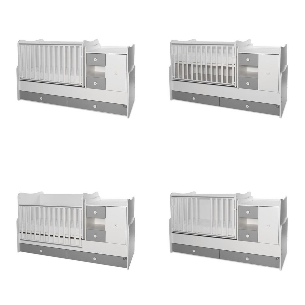 BABYBETT Mini Max 3 in 1 weiß dunkelgrau 120 x 60 cm, Jugendbett 190 x 72 cm, Wickelkommode, Schaukelfunktion - Grau, Holzwerkstoff (72/190cm) - Lorelli