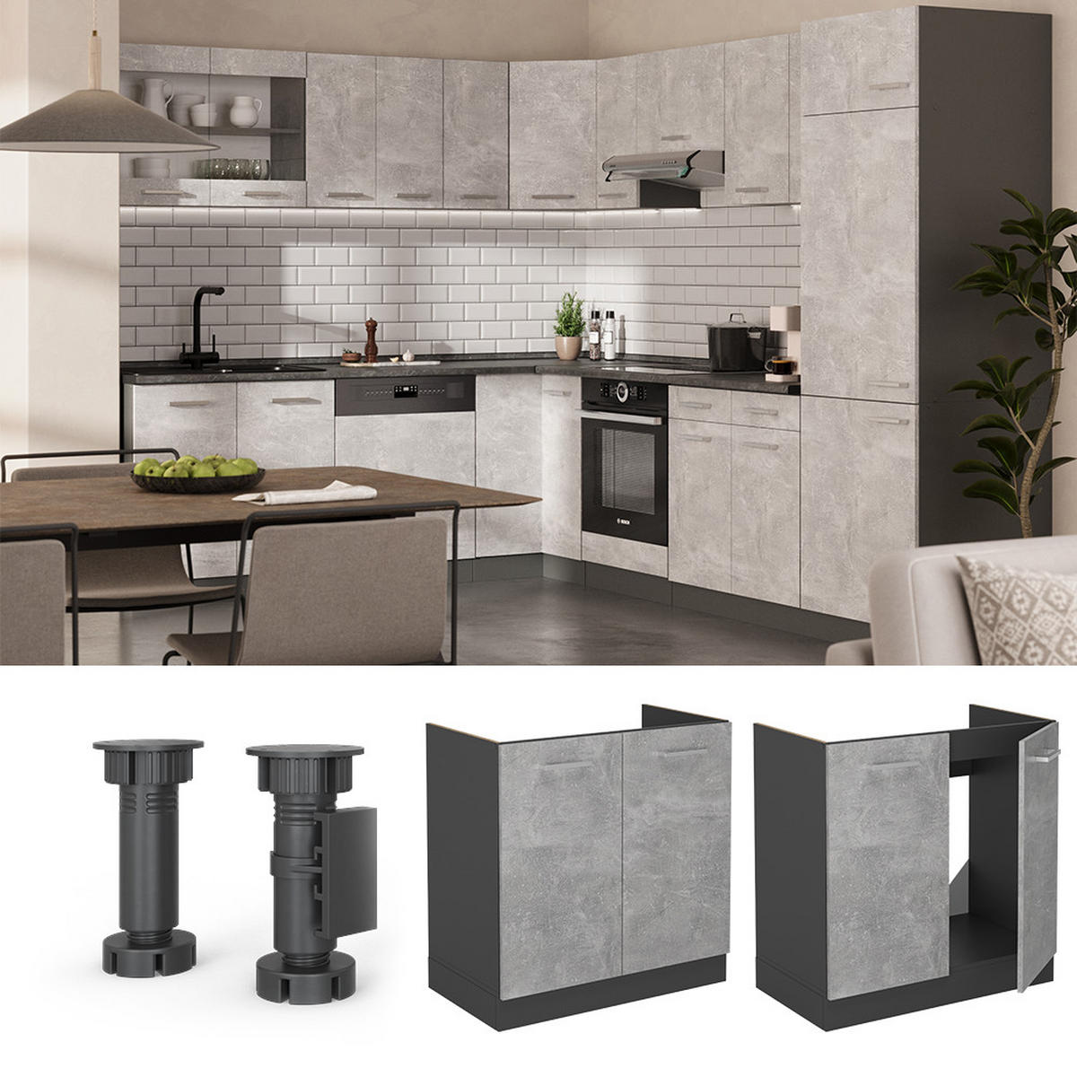 SPÜLENUNTERSCHRANK R-Line Beton 80 cm , AP Eiche - Schieferfarben/Anthrazit, Holzwerkstoff (80/81.6/60cm) - Vicco