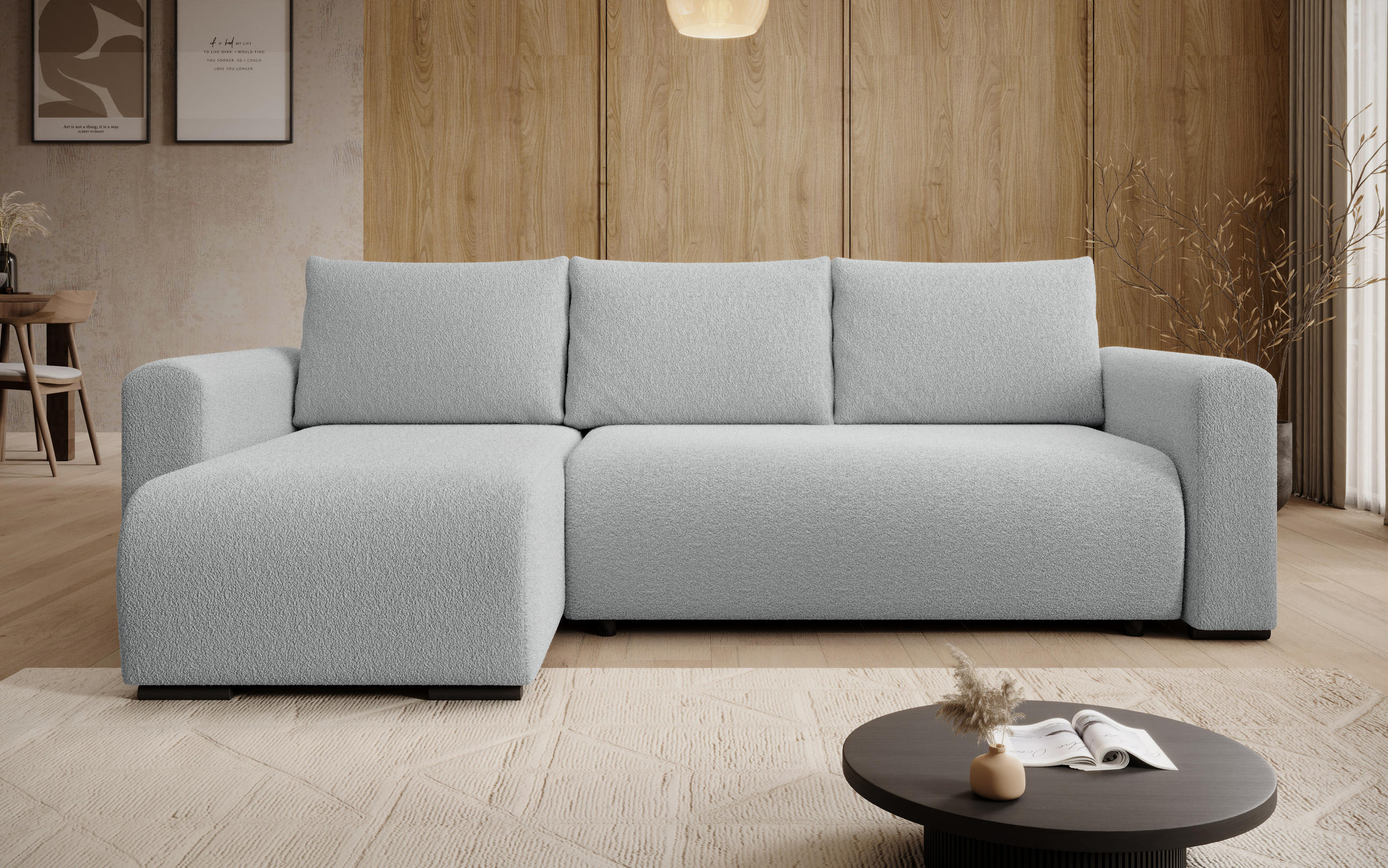 ECKSOFA DORA L, Eckcouch in L-Form mit Schlaffunktion und Bettkasten, Farbe: Grau, Bouclé-Stoff, Ottomane Links - Grau, Textil (240/143cm) - Storez24