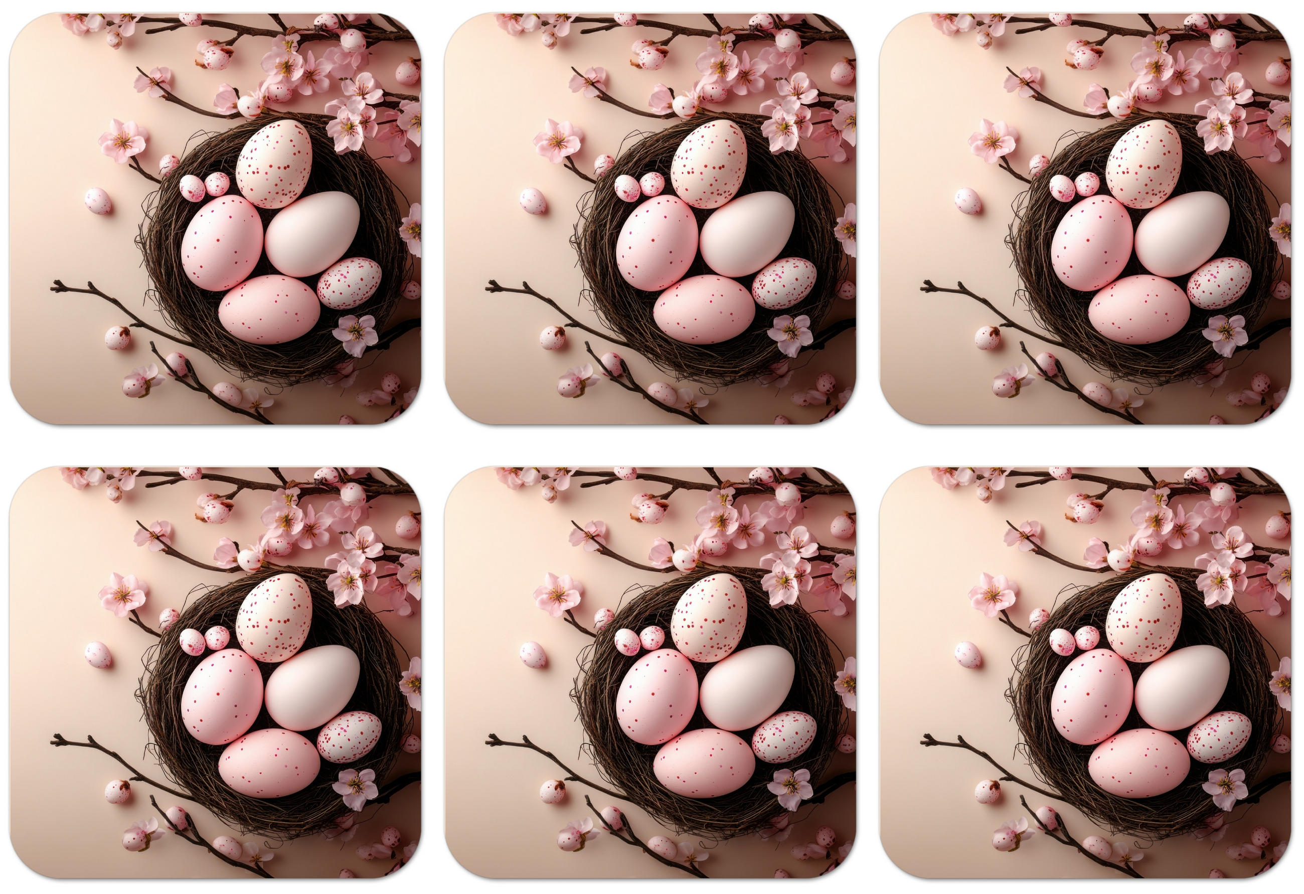 GLASUNTERSETZER 6er-Set Rosa - Blüten - Eier Tischset für Gläser 10x10 cm - Hellrosa, Naturmaterialien (10/0.2cm) - MuchoWow