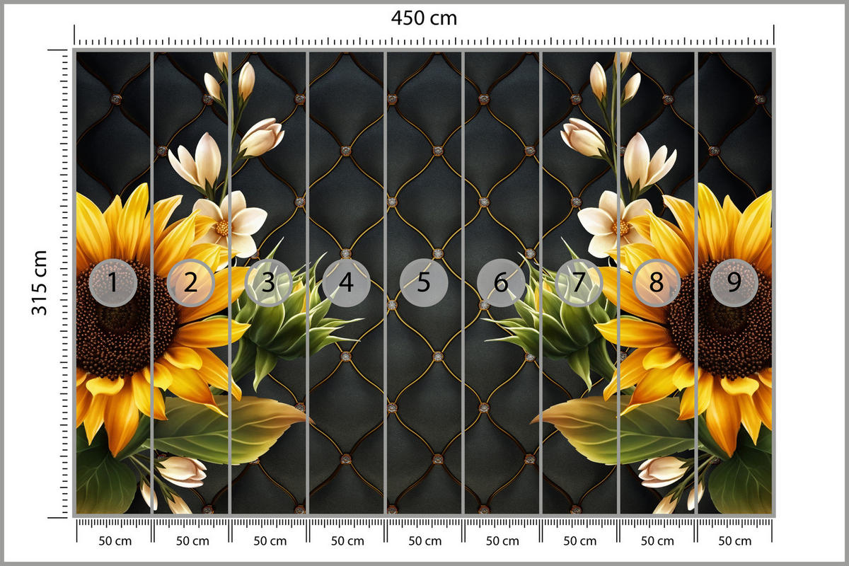 FOTOTAPETE für Küche Blume Sonnenblumen auf gestepptem Hintergrund 450x315 - Gelb/Schwarz, Papier (450/315cm) - Muralo