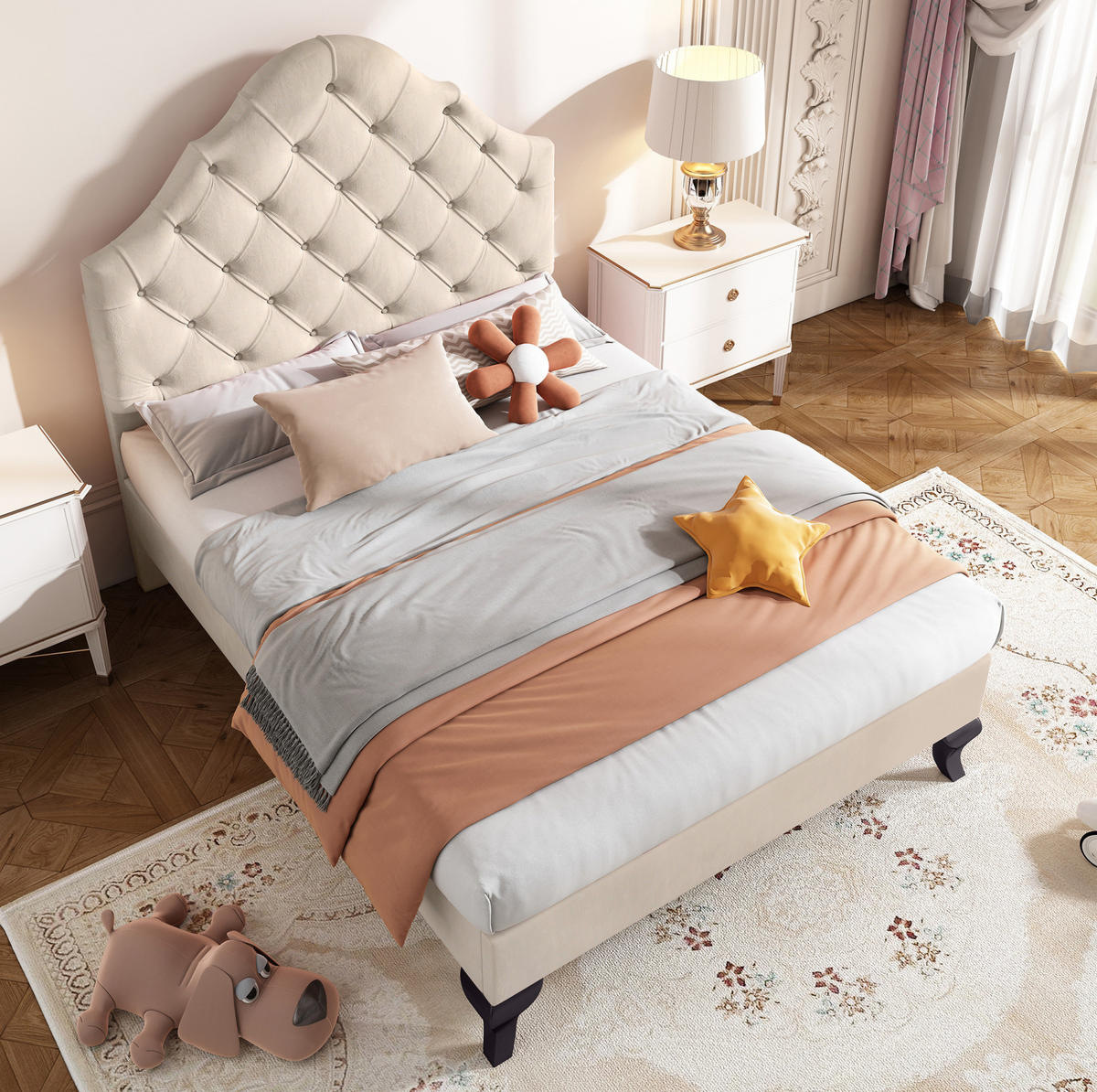 POLSTERBETT 90/200 cm Beige aus Samt mit höhenverstellbarem Kopfteil - Beige, Textil (90/200cm) - Flora Grace