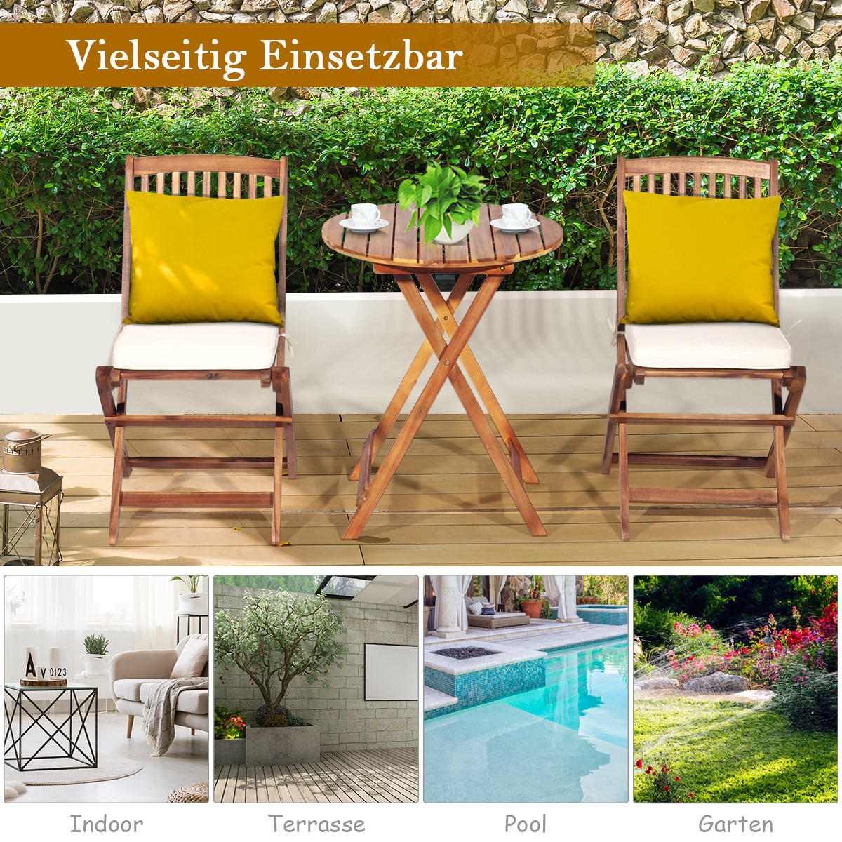 TERRASSENMÖBEL-SET Beige(3-teilig) - Beige, Holz - COSTWAY