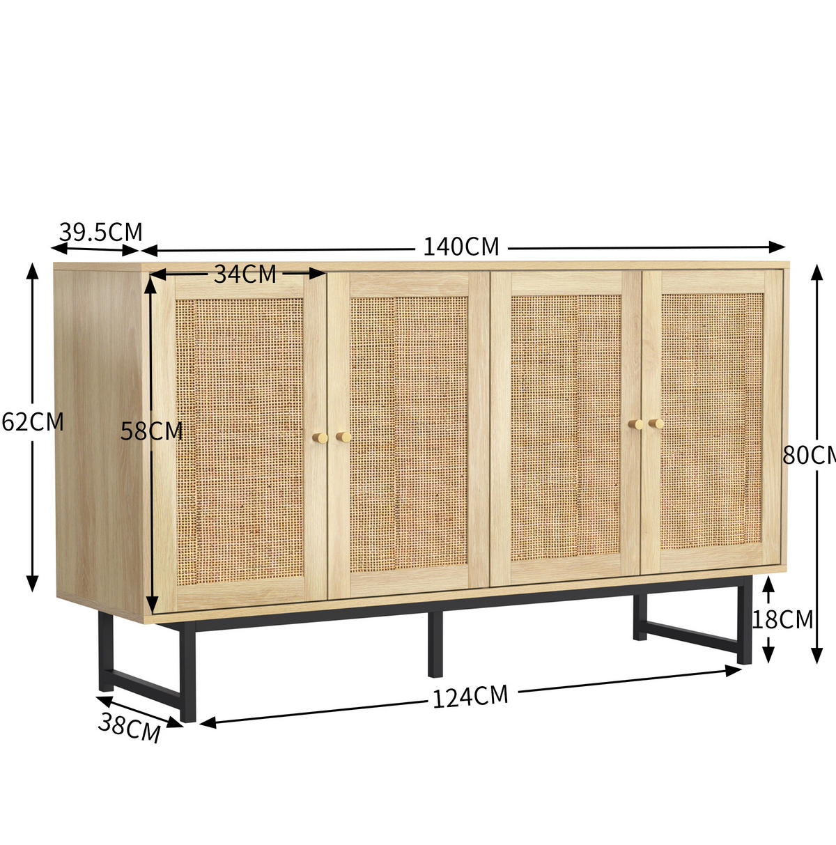 SIDEBOARD 140/39,5/80 cm mit 4 Türen, Rattangeflecht & viel Stauraum - Naturfarben, Holzwerkstoff (140/80/39.5cm) - BEAOK