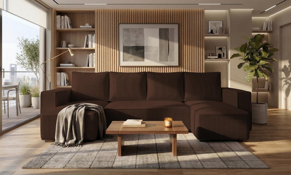 ECKSOFA CUDDY U, Eckcouch in U-Form mit Schlaffunktion und Bettkasten, Farbe: Braun, Cordstoff - Braun, Textil (305/85/140cm) - Storez24