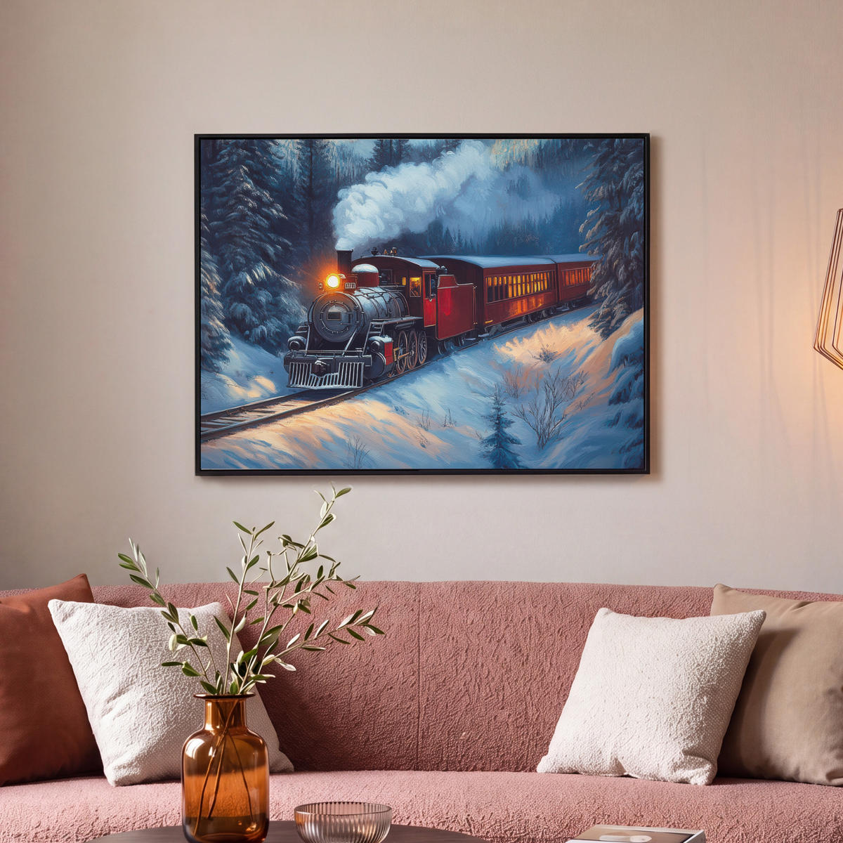 LEINWAND Bilder mit Rahmen - Zug - Weihnachten - Schnee - Weihnachtszug - 80x60 - Anthrazit, Textil (80/60cm) - MuchoWow
