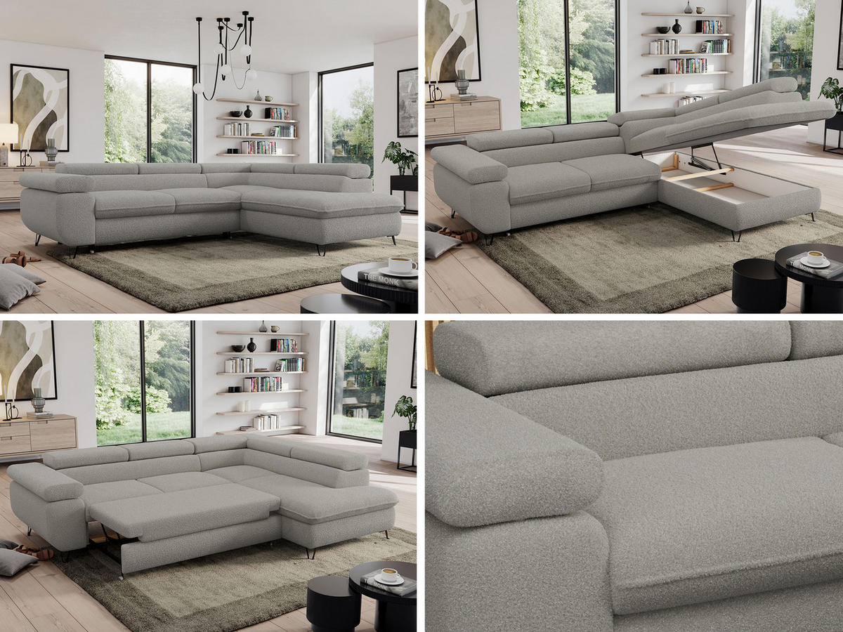 ECKSOFA PEDRO L Hellgrau Boucle - Rechts Seite - Hellgrau/Schwarz, Textil/Metall (273/208cm) - MKS