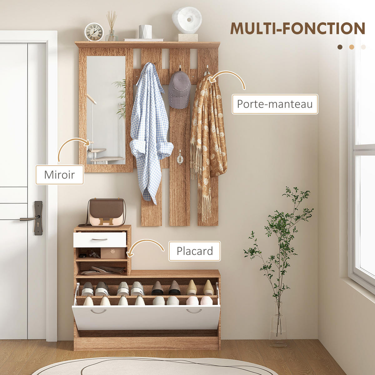 GARDEROBE DE-16812 3-in-1 mit Spiegel, 6 Haken & Schuhbank - Walnussfarben, Holzwerkstoff (10/102/90cm) - ComfortXL