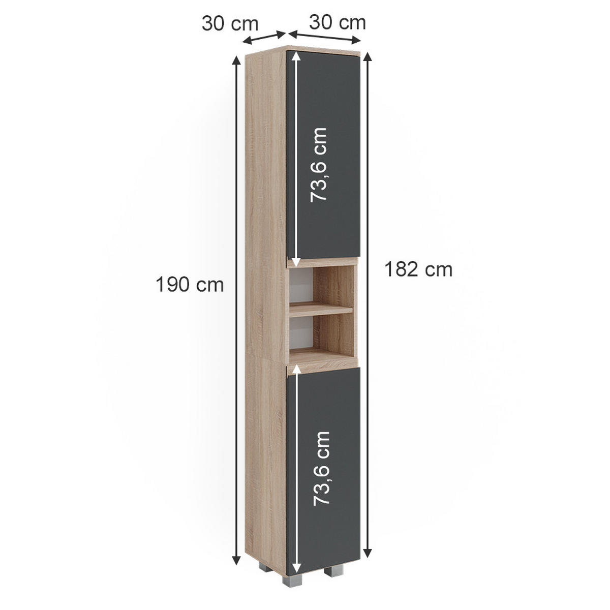BADSCHRANK J-Shape Sonoma 30 x 190 cm - Anthrazit/Sonoma Eiche, Holzwerkstoff (30/190/30cm) - Vicco