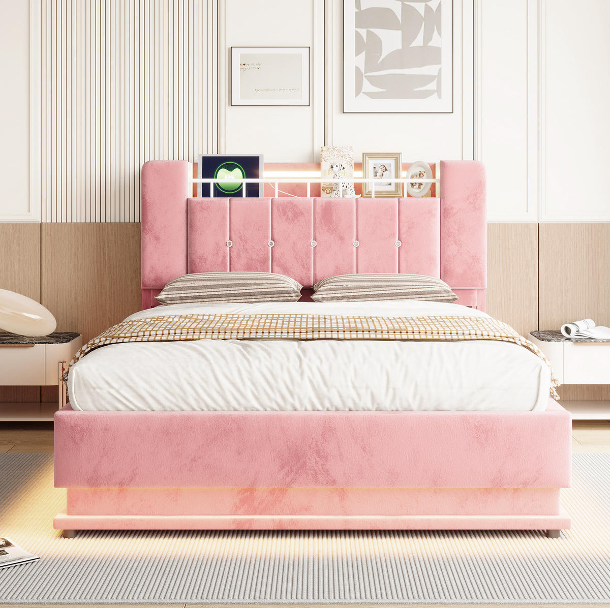 POLSTERBETT mit Samtbezug 140x200 cm Rosa mit LED-Beleuchtung, USB-Anschlüssen und Stauraum - Pink, Textil (140/200cm) - Modfu