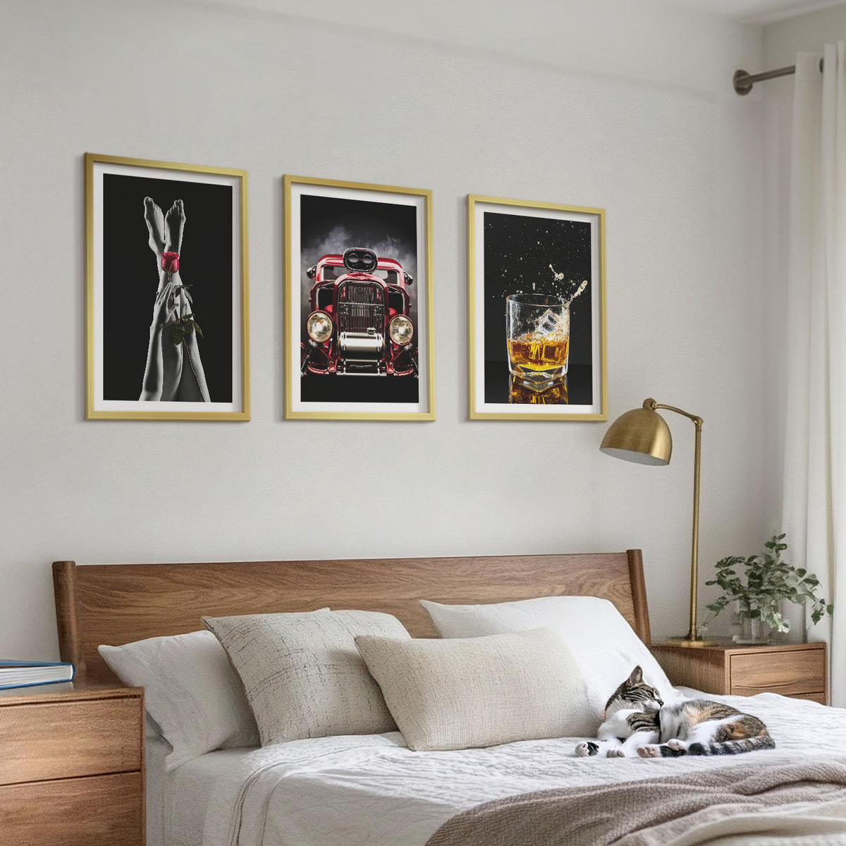 BILDER SET 3er Set - 40x60 cm Goldrahmen - Frauenbeine Rosenauto Whisky - Goldfarben, Kunststoff (40/60cm) - TULUP